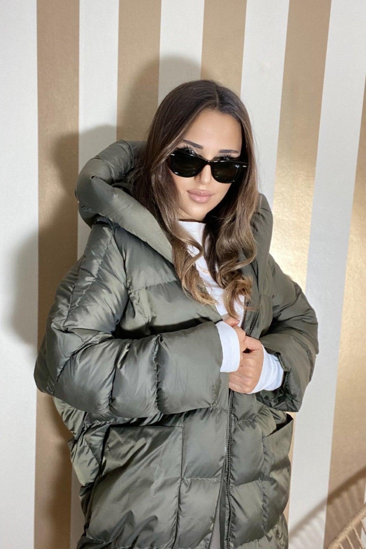 Women's Khaki Hooded Inflatable Long Oversize Coat - Swordslife