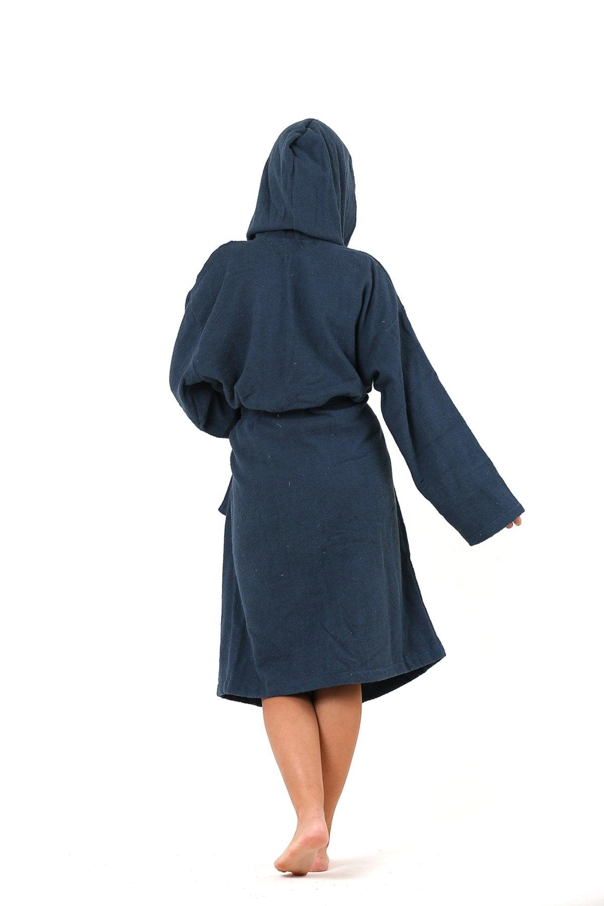 100% Cotton Hooded Towel Curl Adult Bathrobe Indigo Blue - Swordslife