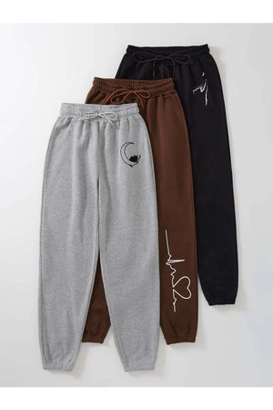 3-Pack Cat And Moon Printed Jogger Sweatpants - Black Gray And Brown Elastic Leg High Waist Summer