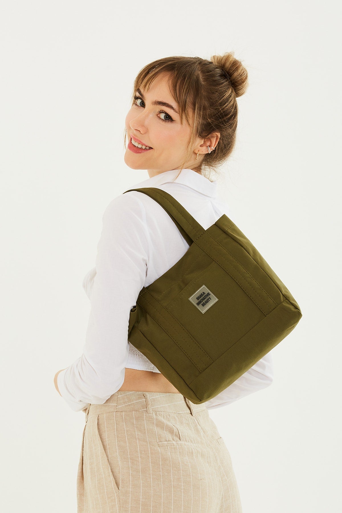 Khaki Green U37 Snap Closure 2 Compartment Front Pocket Detailed Canvas Fabric Casual Women's Arm And Shoulder Bag