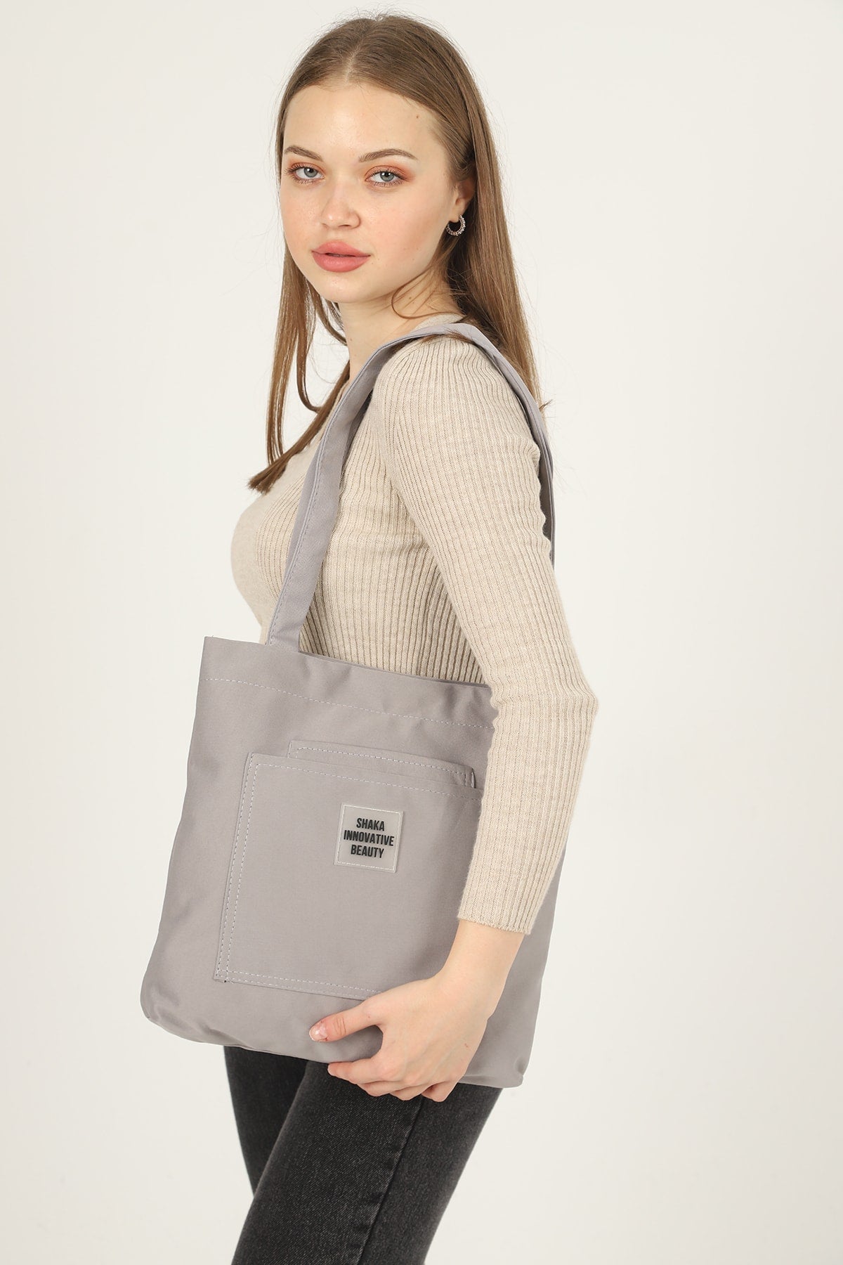 Gray U22 3-Compartment Front 2 Pocket Detailed Canvas Fabric Daily Women's Arm and Shoulder Bag B:35 E:35