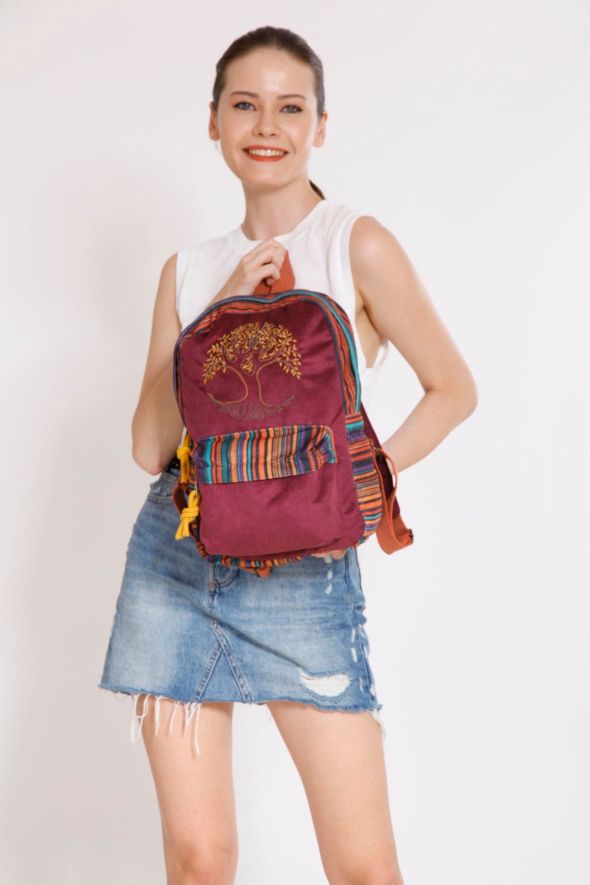 Ethnic Authentic Bohemian Backpack with Tree of Life Embroidery