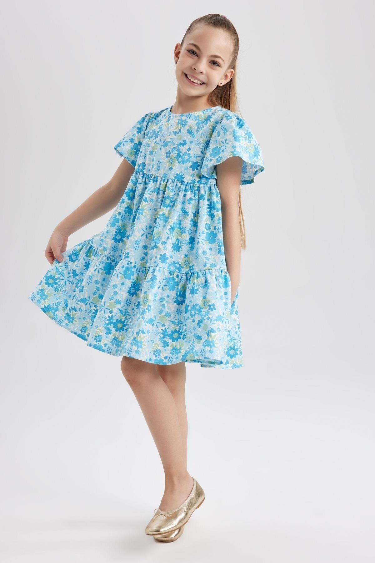 Girl Patterned Short Sleeve Dress