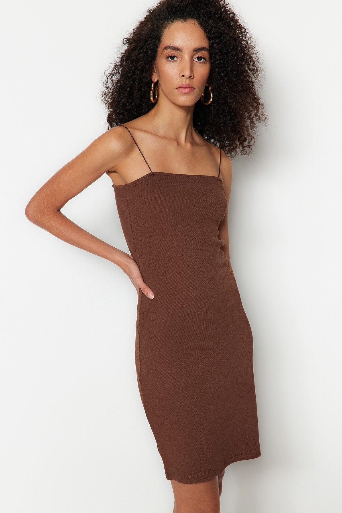 Brown Square Neck Spaghetti Strap Ribbed Flexible Fitted Mini Knitted Dress TWOSS21EL2327 - Swordslife