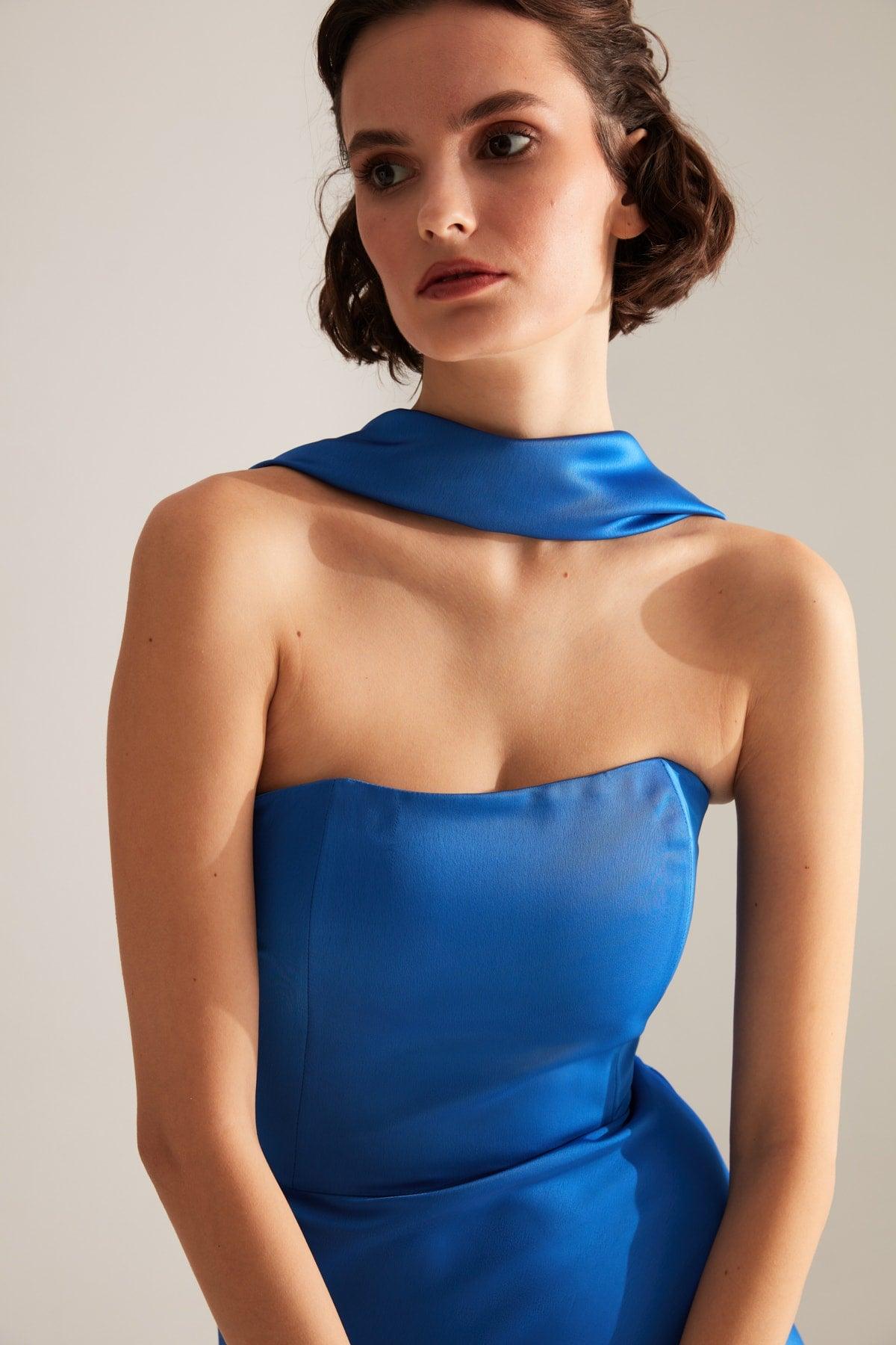 Brera Blue Satin Slit Wrapped Strapless Dress - Swordslife