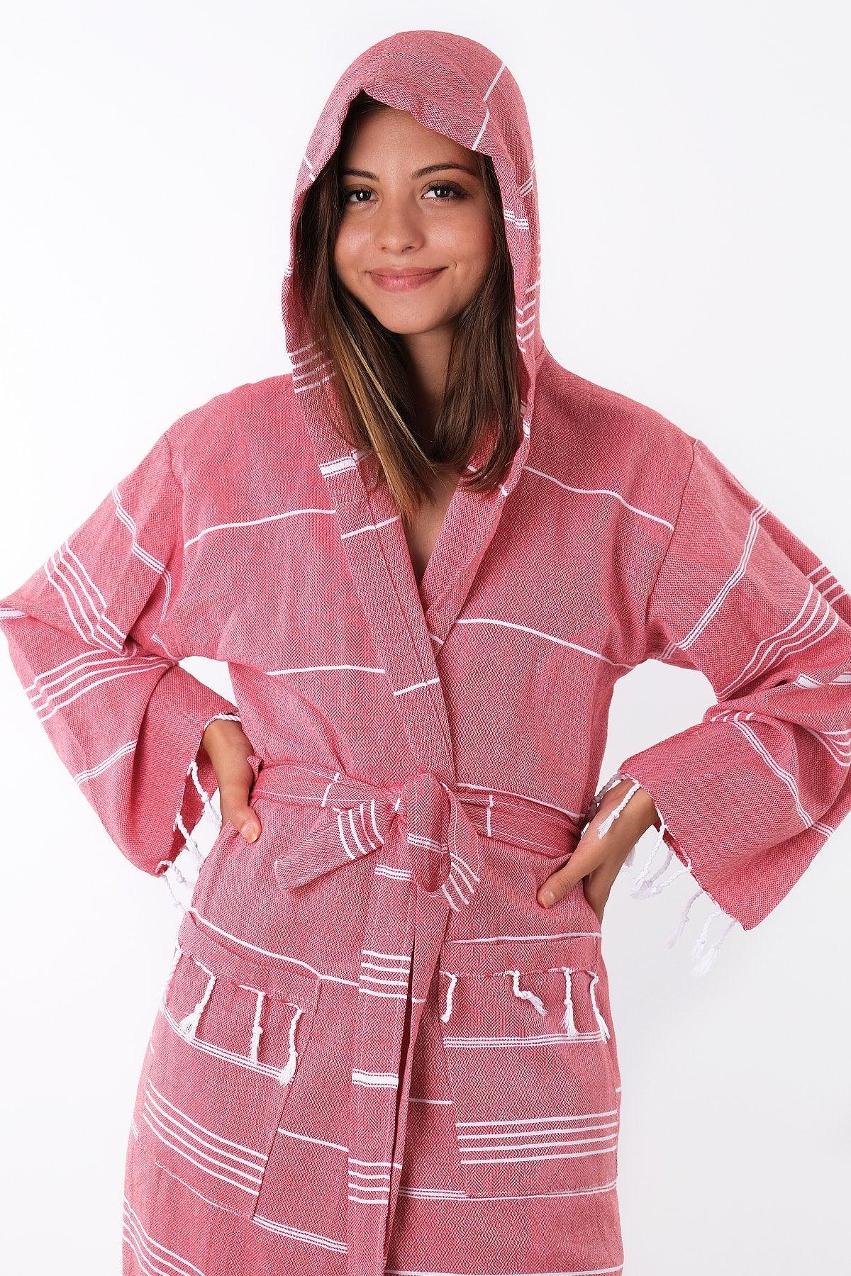 Sultan 100% Cotton Pink Colored Hooded Peshtemal Bathrobe, Robe And Beach Dress - Swordslife