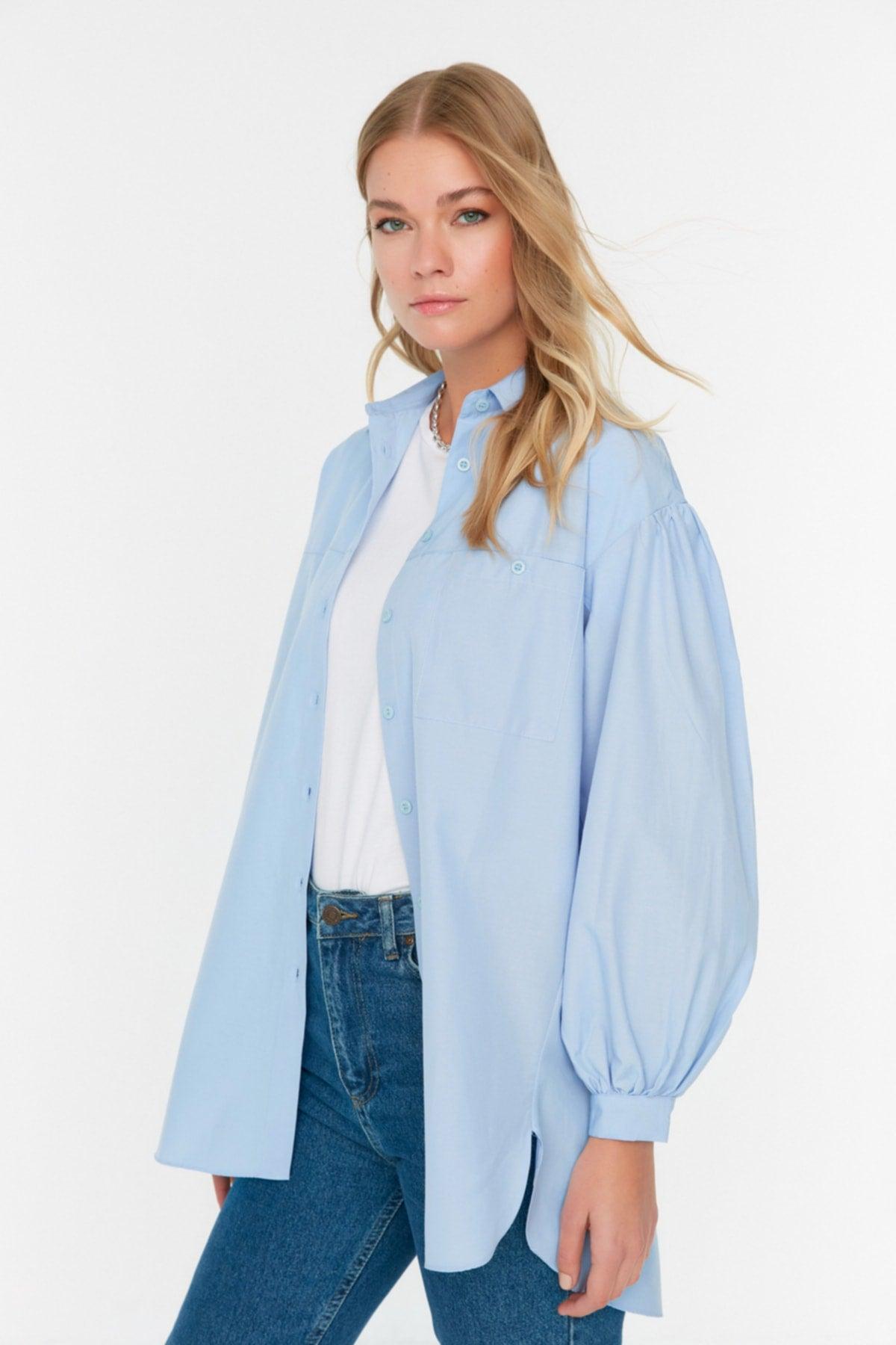 Light Blue Balloon Back Sleeve Long Pocket Detailed Basic Woven Shirt TCTSS21GO0976 - Swordslife