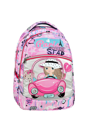 Set Of 3, Pink Color Girl Patterned Primary School Bag + Lunch Box + Pencil Holder