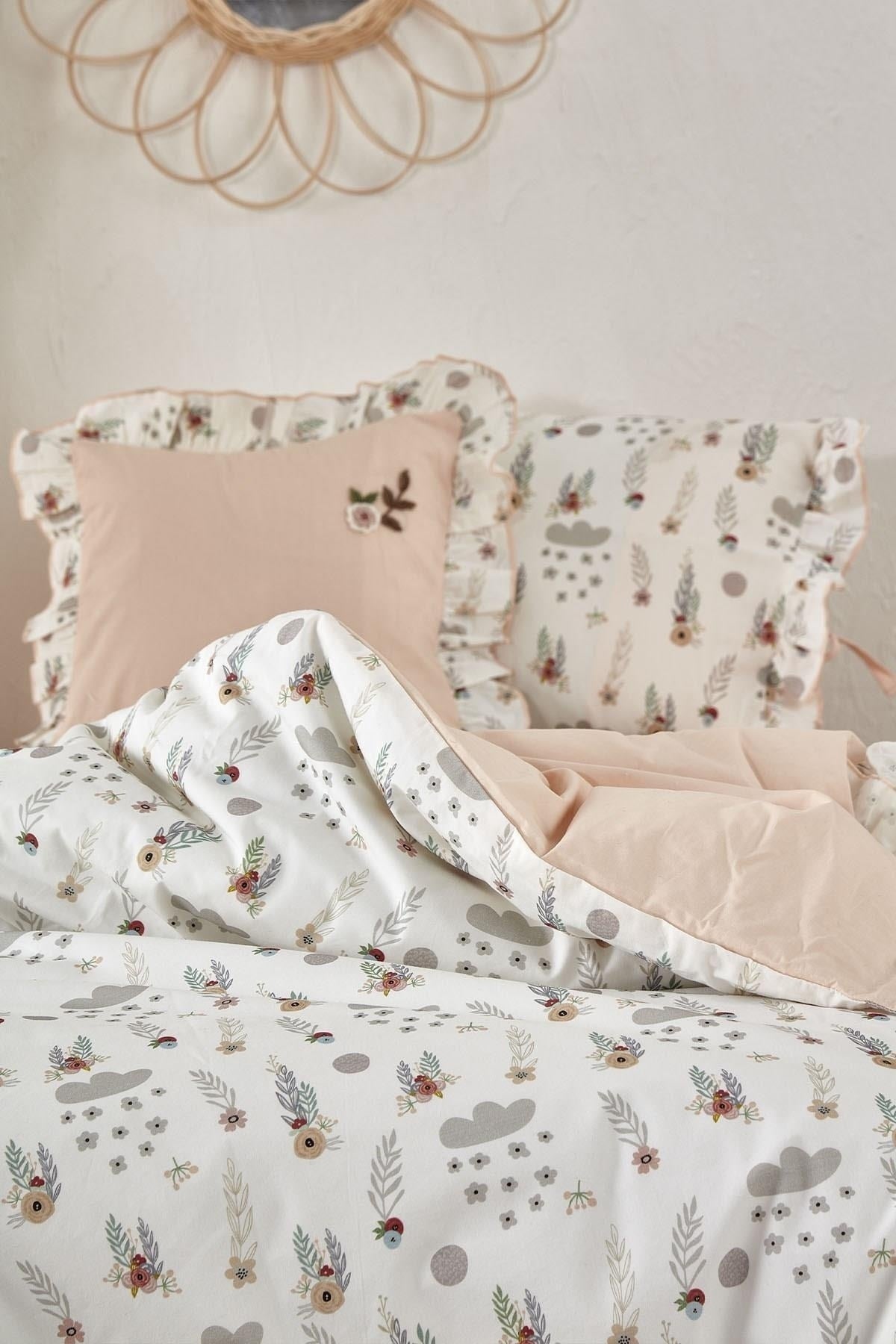 Lora Baby Girl Duvet Cover Set 100% Organic Cotton Hand Embroidered Printed 100X150 Cm