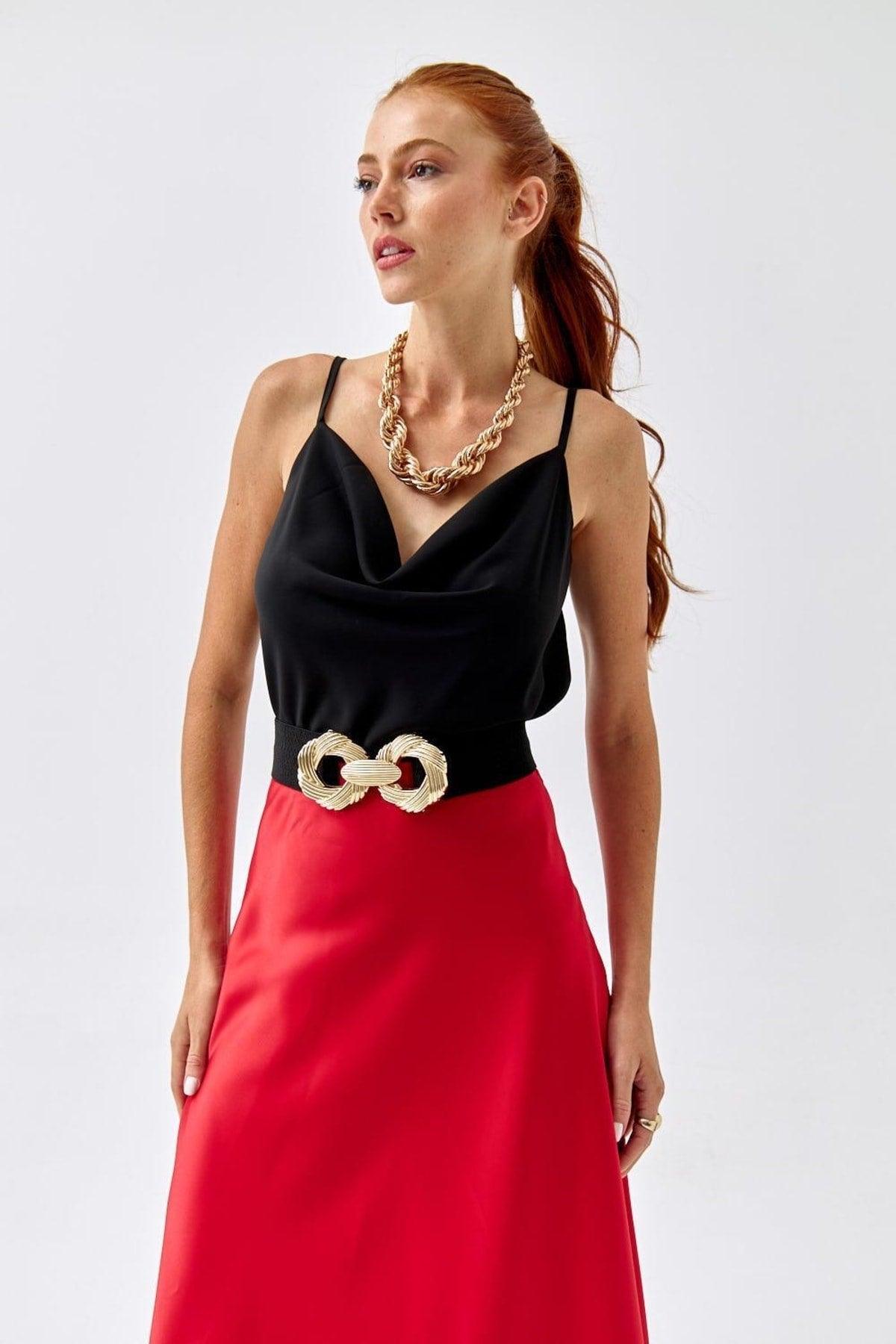 Elastic Waist Satin Red Skirt - Swordslife