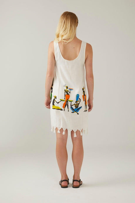 White Sile Cloth Tasseled Ethnic Printed Sleeveless Summer Dress - Swordslife