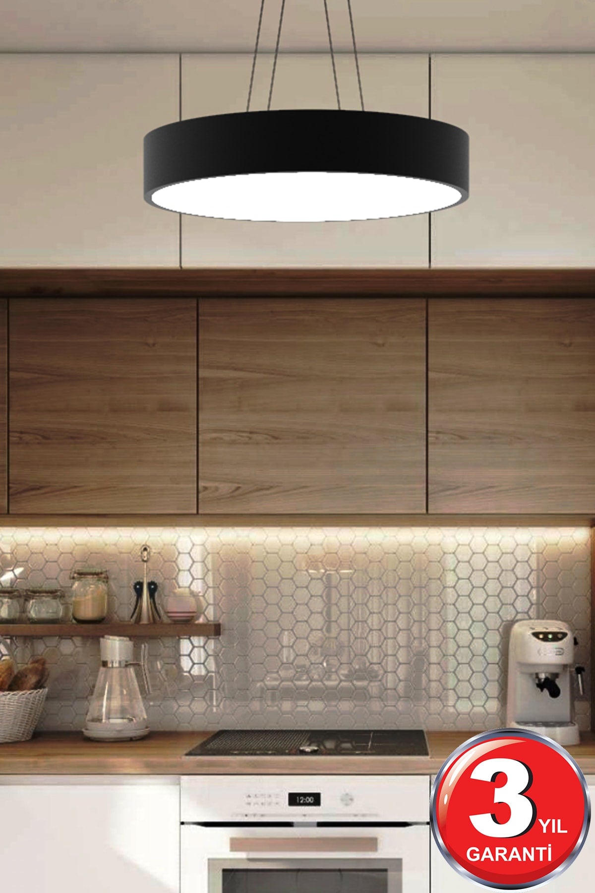 Drum 40Cm (Black Case, Daylight) Modern Led Chandelier With Led, Living Room, Kitchen, Living Bedroom, Pendant Lamp