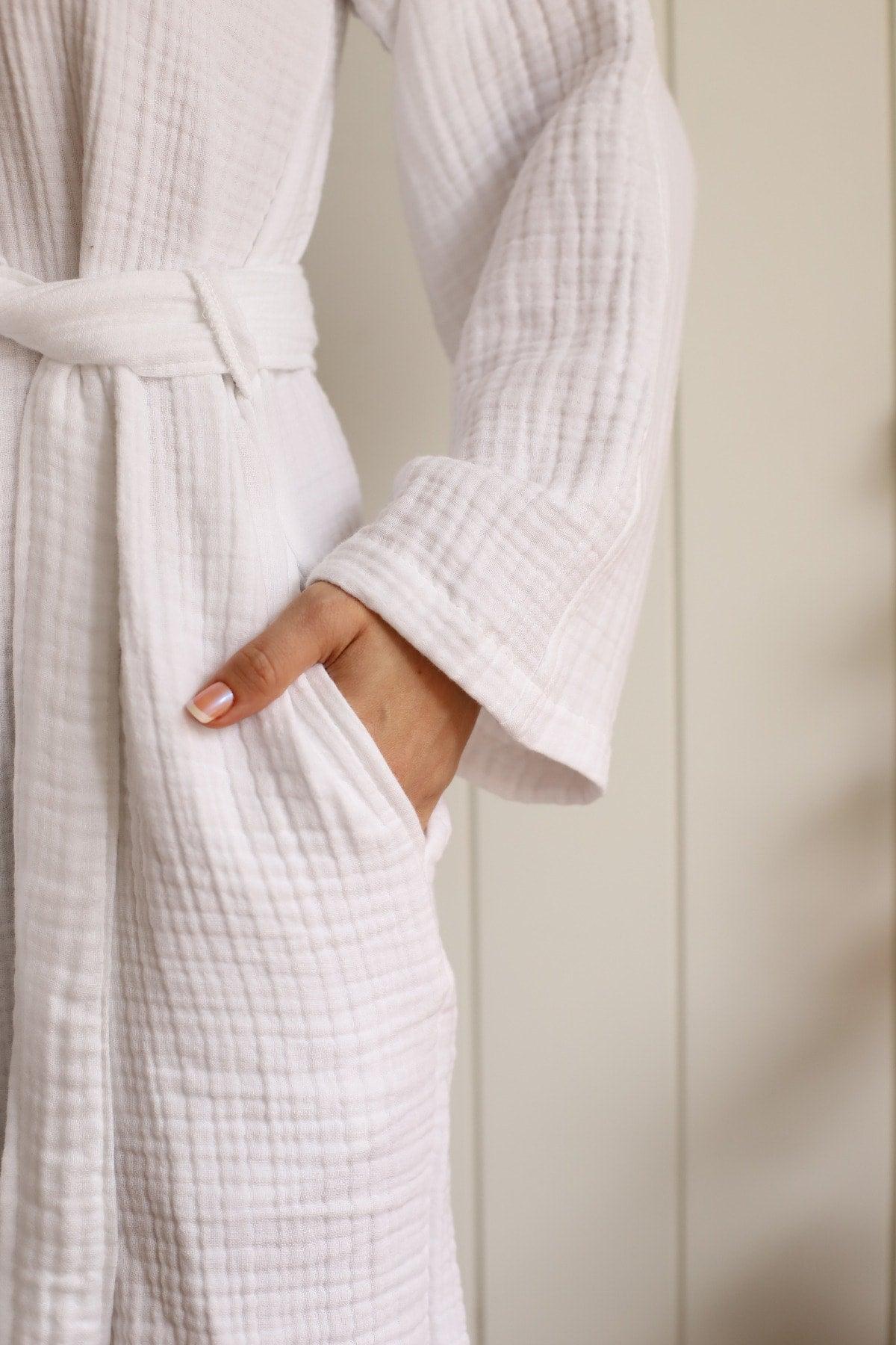 4 Layers Muslin Bathrobe Dressing Gown, 100% Cotton Kimono, White L-xl With Front Pockets - Swordslife