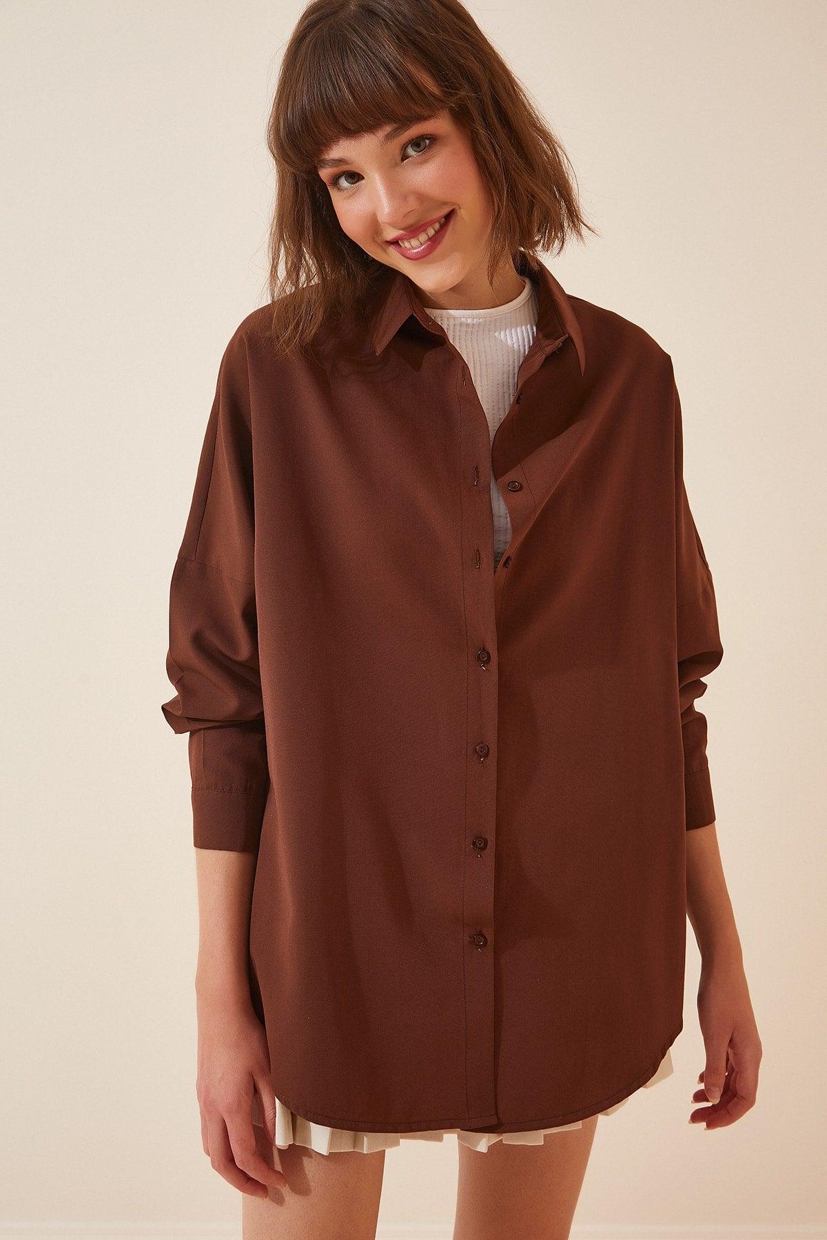 Women's Chocolate Oversize Long Basic Shirt DD00842 - Swordslife