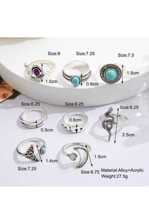 Set of 8 Women's Silver Plated Zircon Stone Design Rings - Swordslife