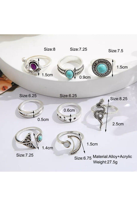 Set of 8 Women's Silver Plated Zircon Stone Design Rings - Swordslife