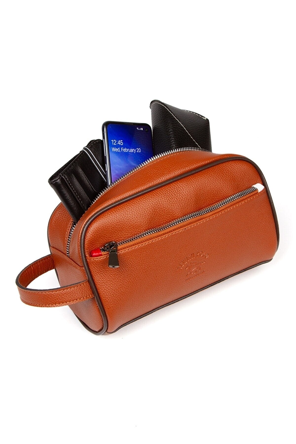 Men'S Leather Travel Shaving Cosmetic Handbag Portfolio Bag And Mechanism Wallet Set