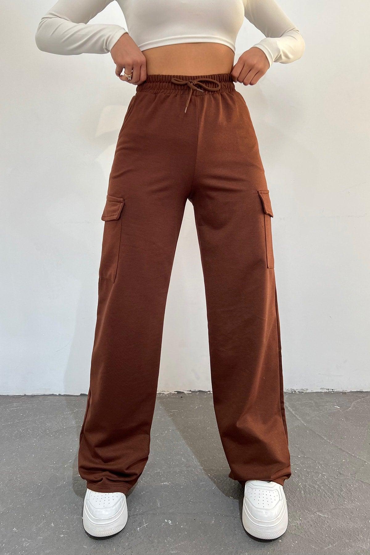 Women's Brown - Regular Fit Cargo Pocket Wide Leg Sweatpants - Swordslife