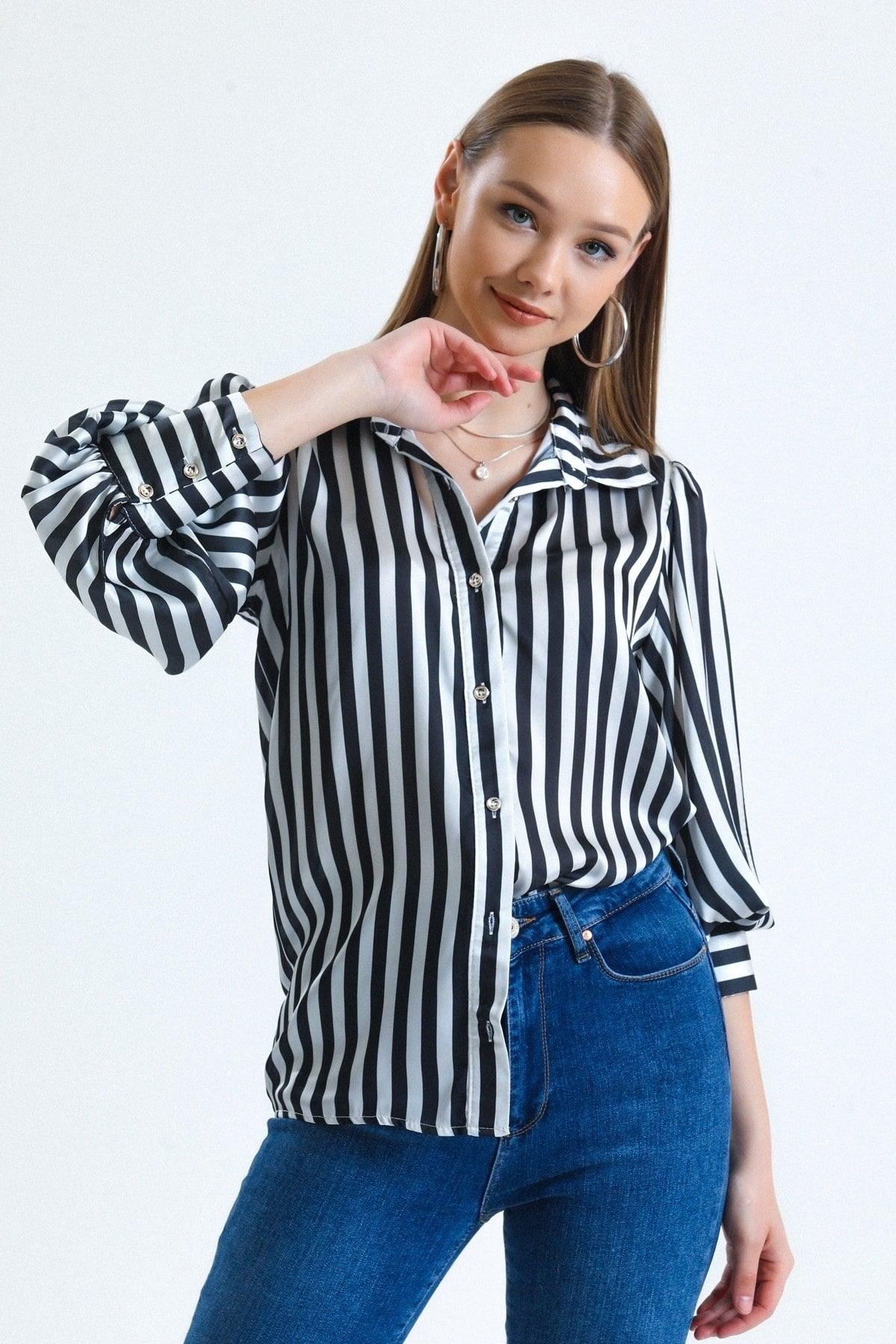 Women's Black and White Balloon Sleeve Ruffle Detailed Oversize Striped Satin Shirt - Swordslife