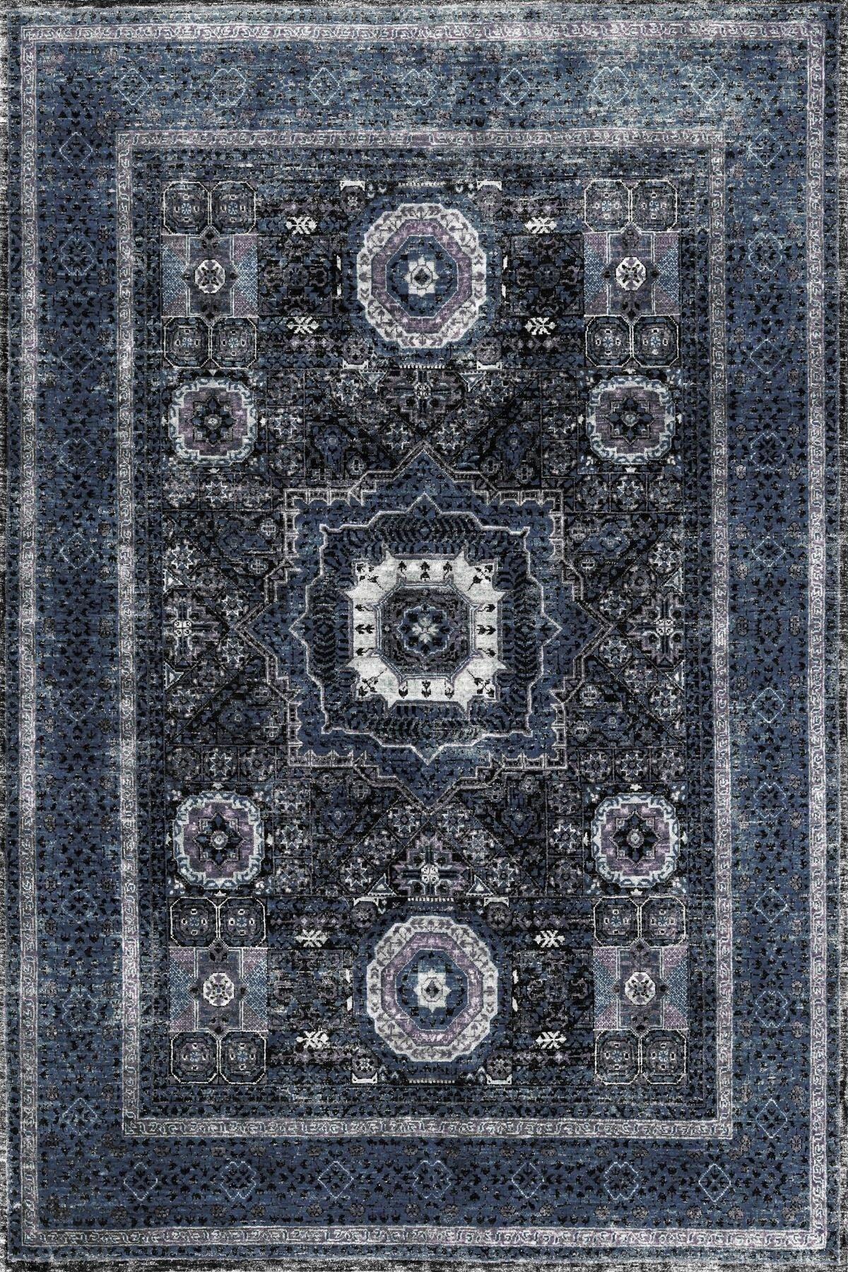 Traditional Pattern Washing Machine Washable Ethnic Rug Blue - Swordslife