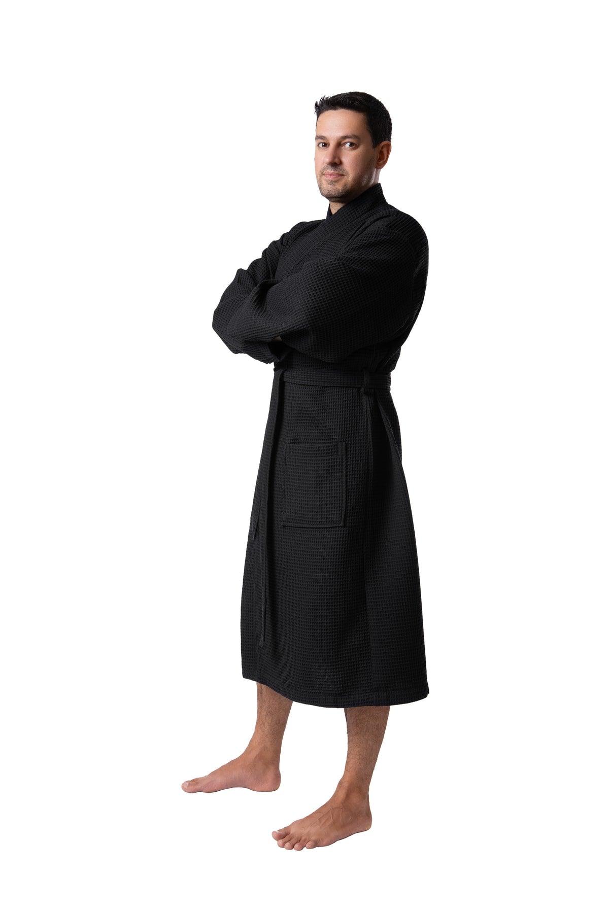 Male Bathrobe Waffle Patterned Organic Bathrobe Male Bathrobe - Black - Swordslife