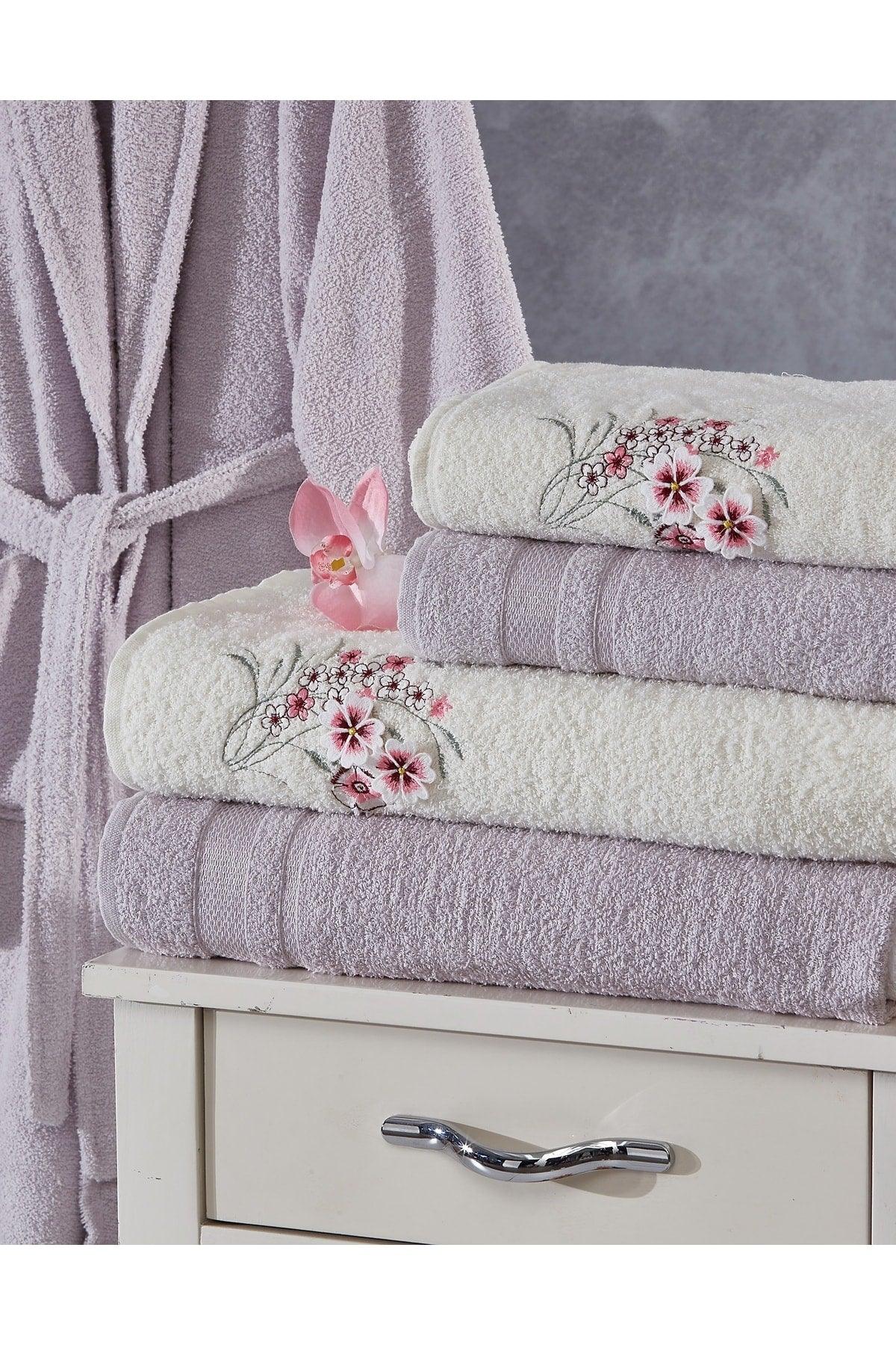 Family Embroidered Cream & Lilac Family Bathrobe Set 6 Pieces Dowry Women Men Bathrobes Bath Towel Set - Swordslife