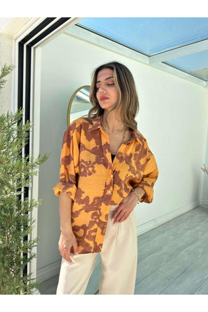 Mustard Patterned Off Shoulder Oversize Shirt - Swordslife