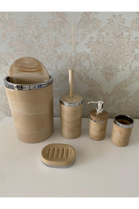 5 Pieces Marble Pattern Silver Bathroom Set / Wc Brush Holder, Liquid - Solid Soap Dispenser, Trash Can, Toothbrush Holder - Swordslife
