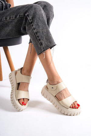 735-Bj Thick Serrated Sole Beige Gladiator Platform Sandals