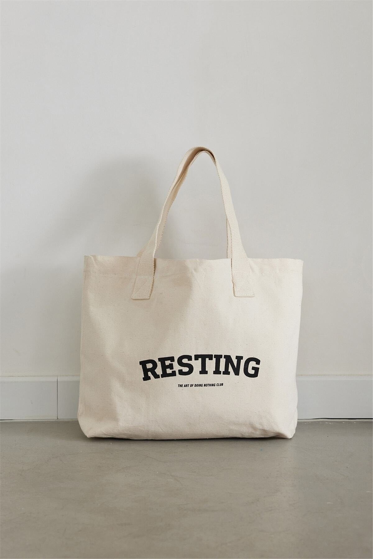 Ecru Resting Printed Canvas Bag