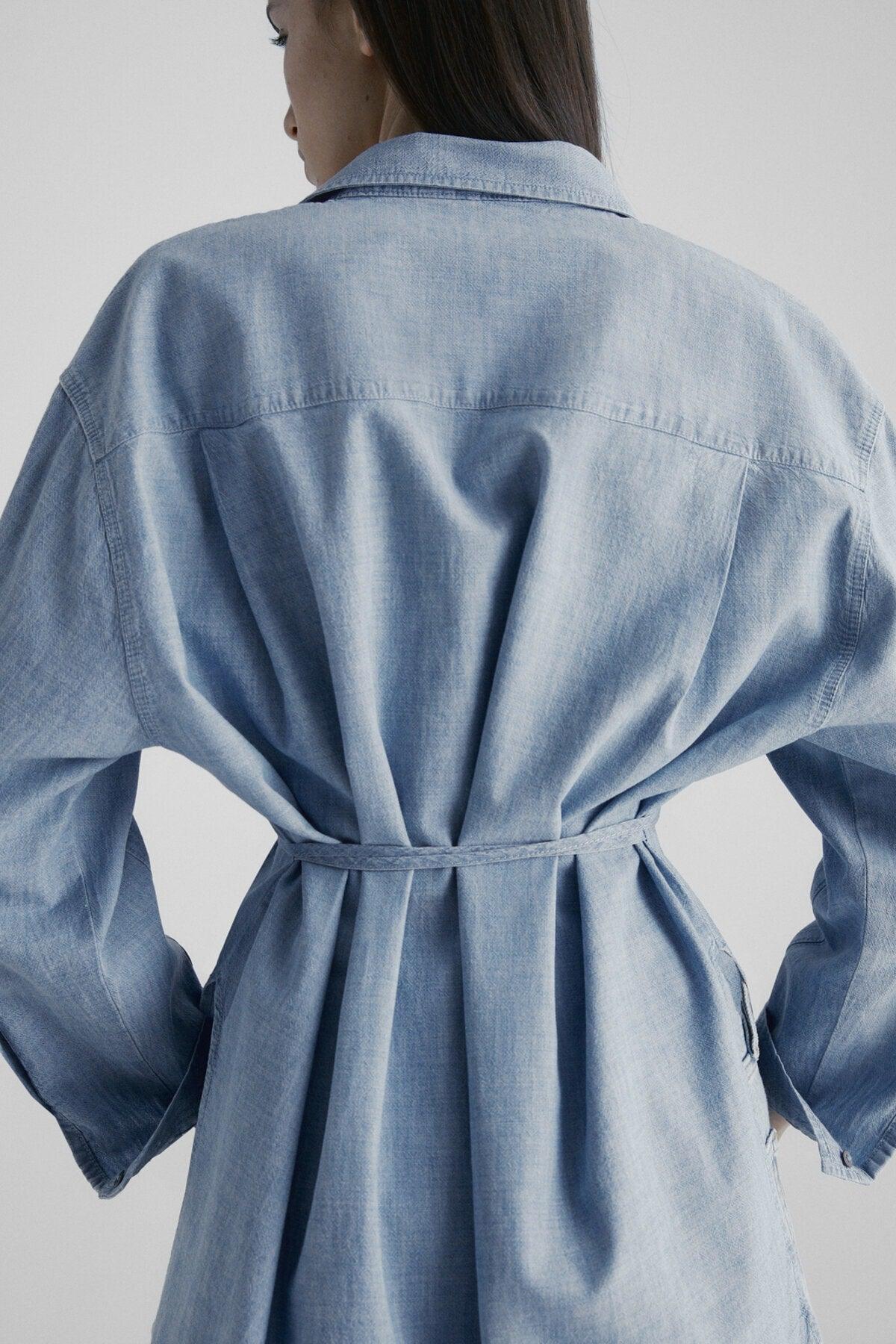 Belted Flowy Oversize Denim Shirt - Swordslife