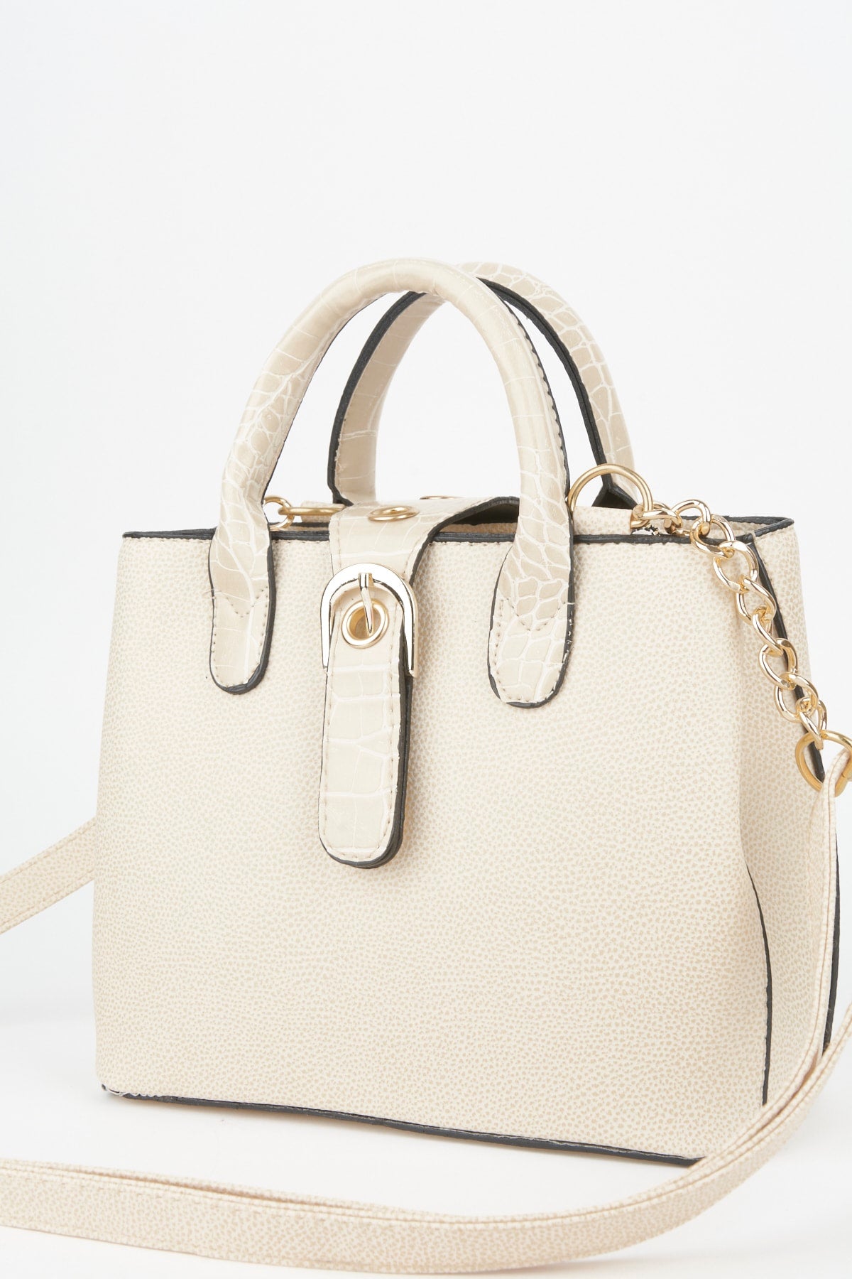 Women'S Cream Croco Handle Strap 2 Compartment Snap Zipper Closure Hand And Shoulder Bag