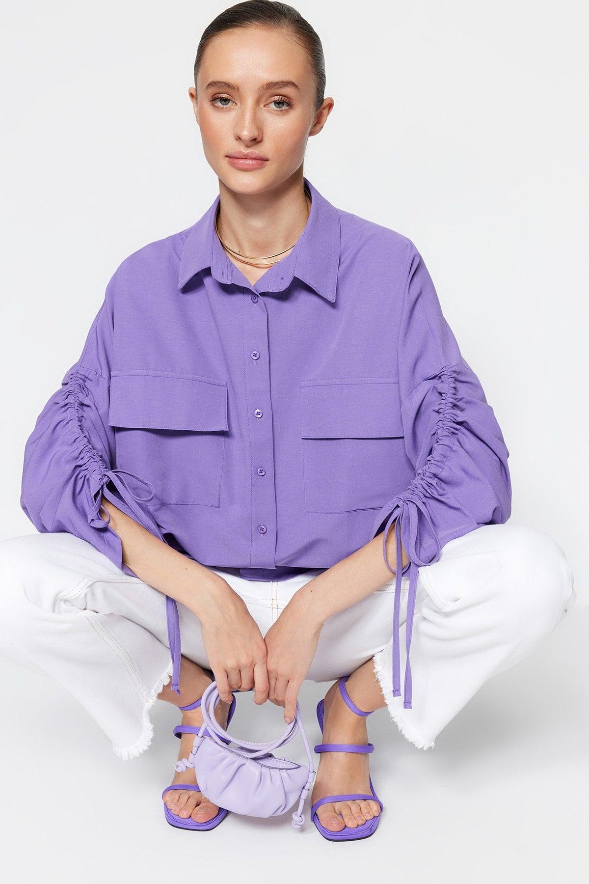 Purple Adjustable Ruffle Detailed Woven Cotton Shirt TCTSS23TG00011 - Swordslife