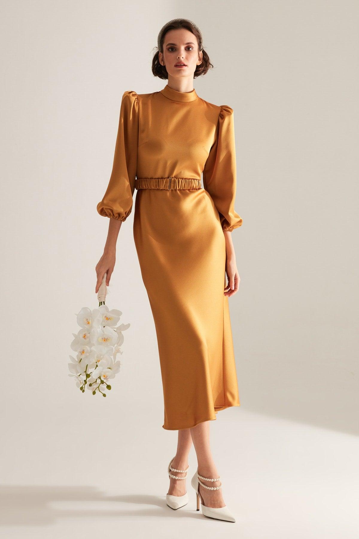 Berthe Judge Collar Long Mustard Engagement Dress - Swordslife