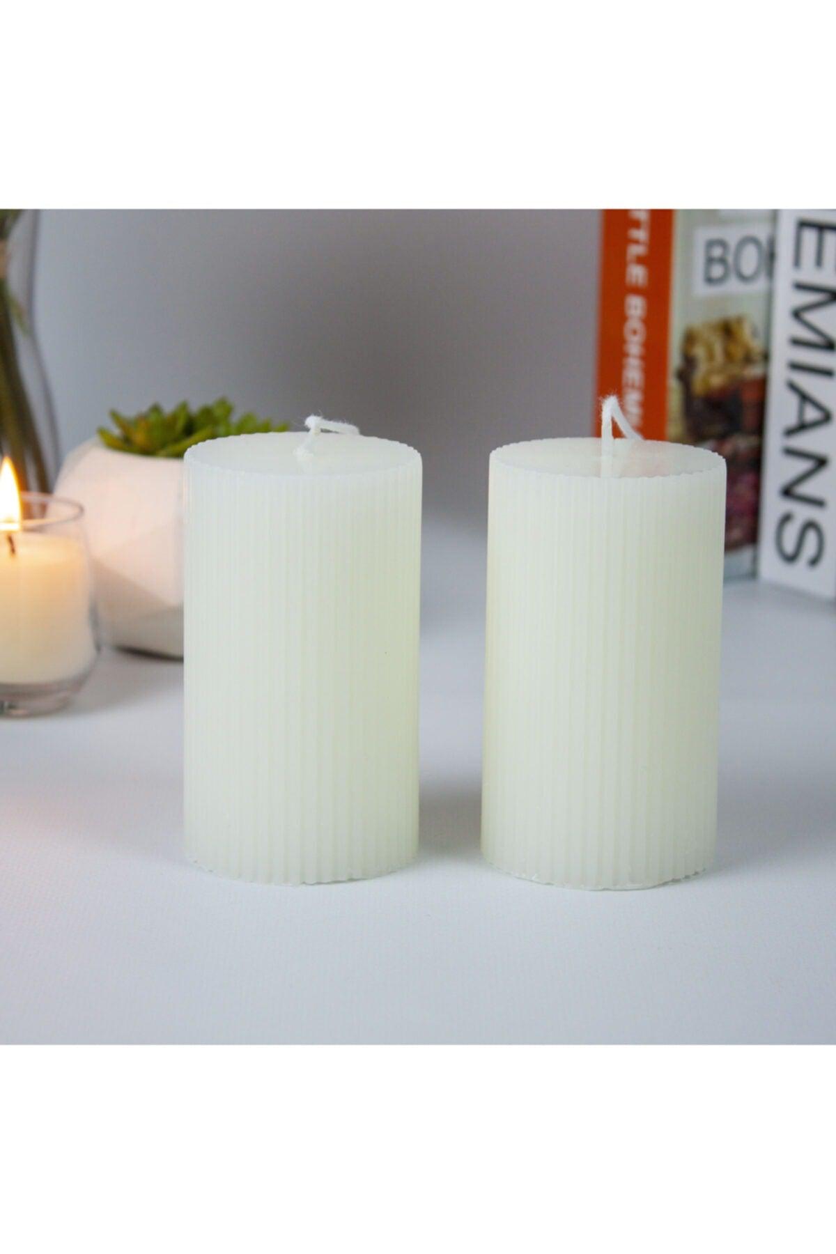 Corrugated Cylinder Set of 2 Candles 10 Cm Cream - Swordslife