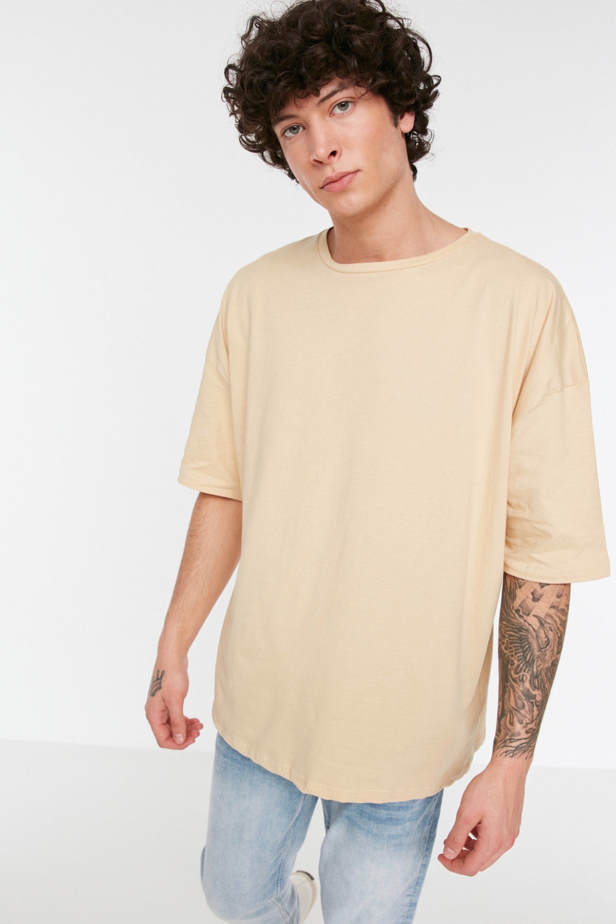 Beige Men'S Basic 100% Cotton Crew Neck Oversize Short Sleeve T-Shirt Tmnss22Ts0318