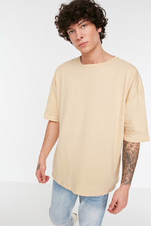Beige Men'S Basic 100% Cotton Crew Neck Oversize Short Sleeve T-Shirt Tmnss22Ts0318