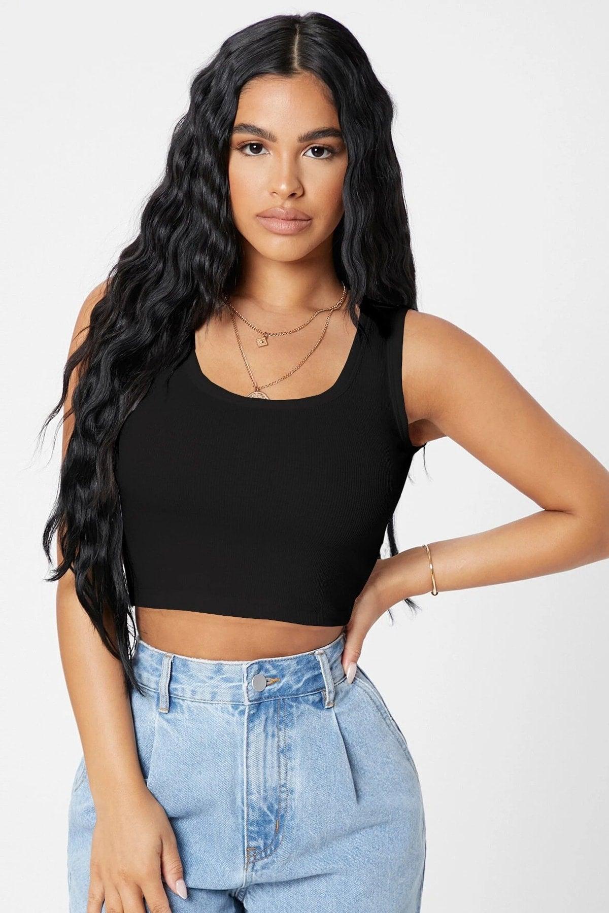 Women's Black Square Neck Crop Top Blouse - Swordslife