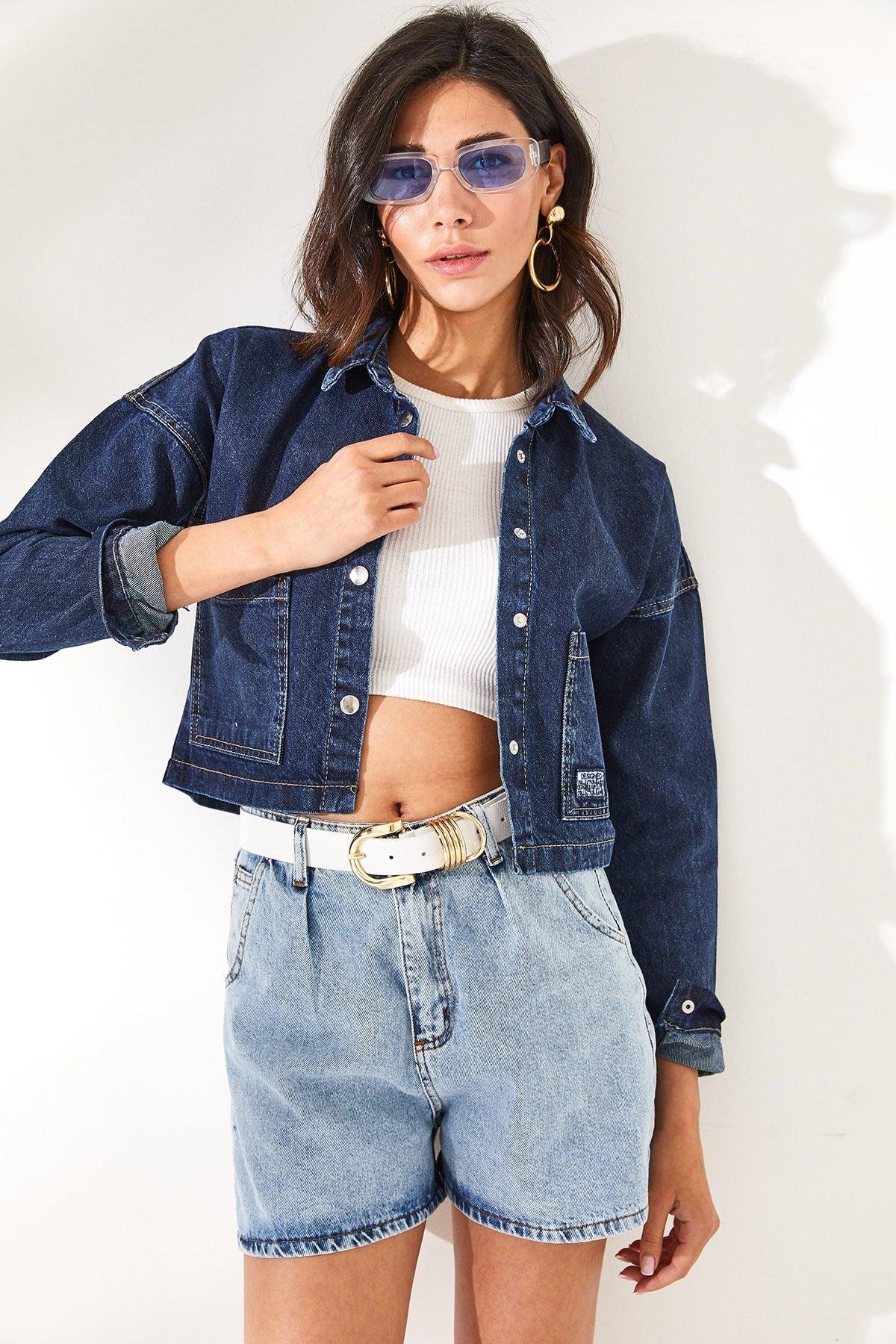 Women's Dark Blue Double Pocket Crop Denim Jacket CKT-19000345 - Swordslife