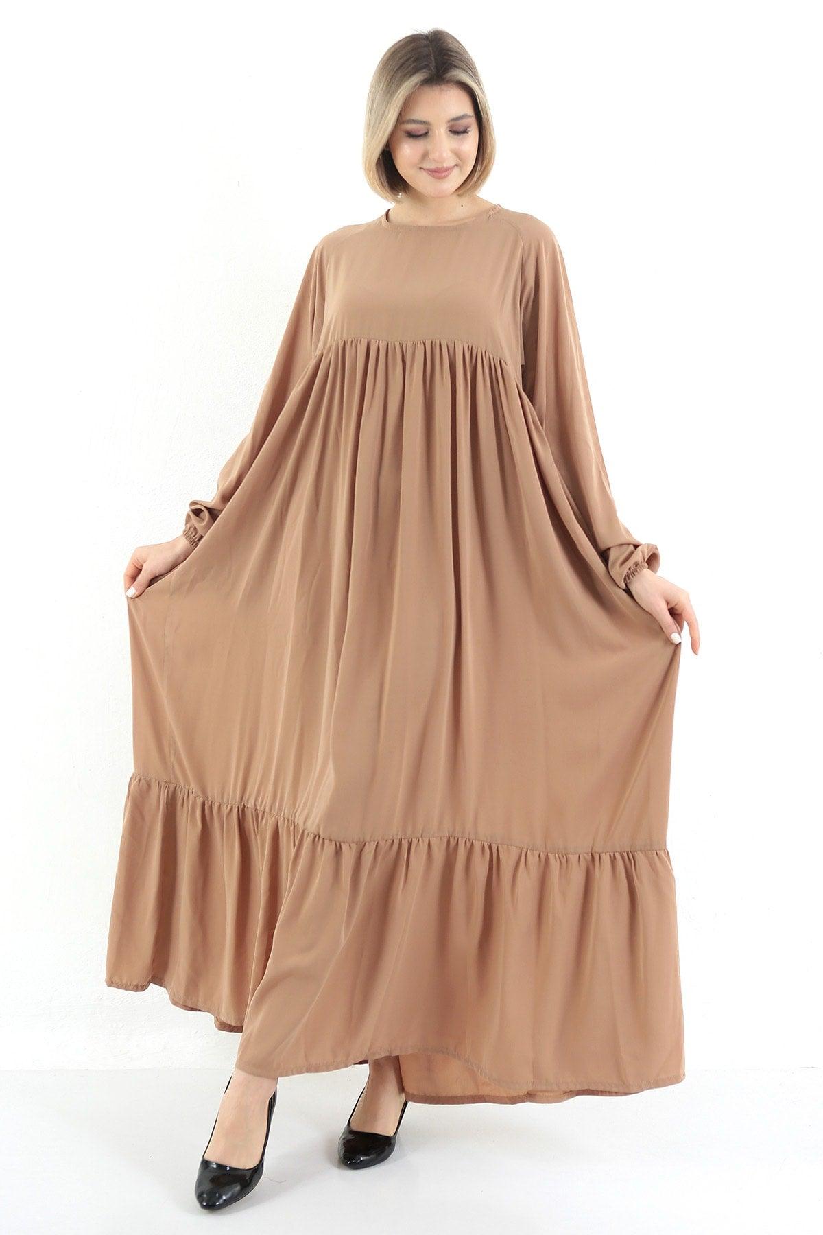 Almond Crew Neck Relaxed Fit Elastic Sleeve Side Pockets Pleated Robe Dress - Swordslife