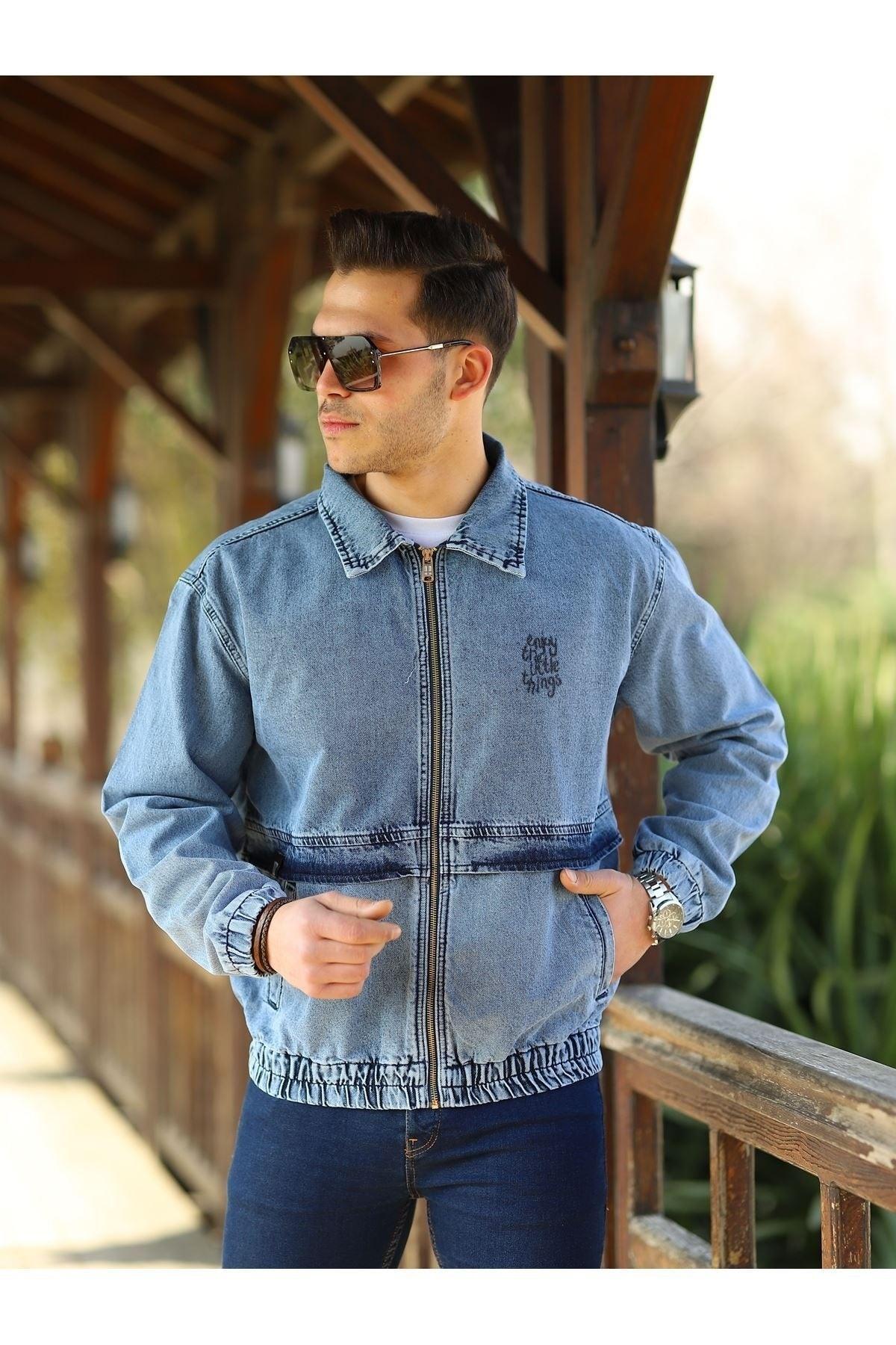 Men's Ice Blue Wash Printed Zippered Bomber Denim Jacket - Swordslife