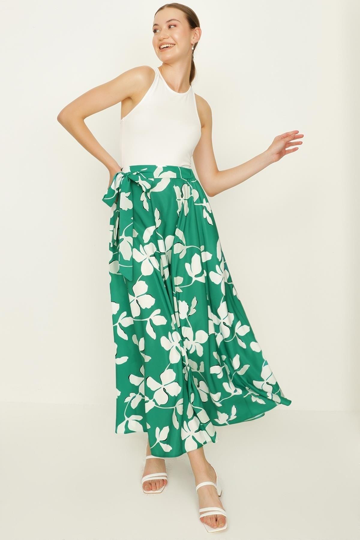 Women's Green Patterned Belted Ruffle Long Skirt - Swordslife