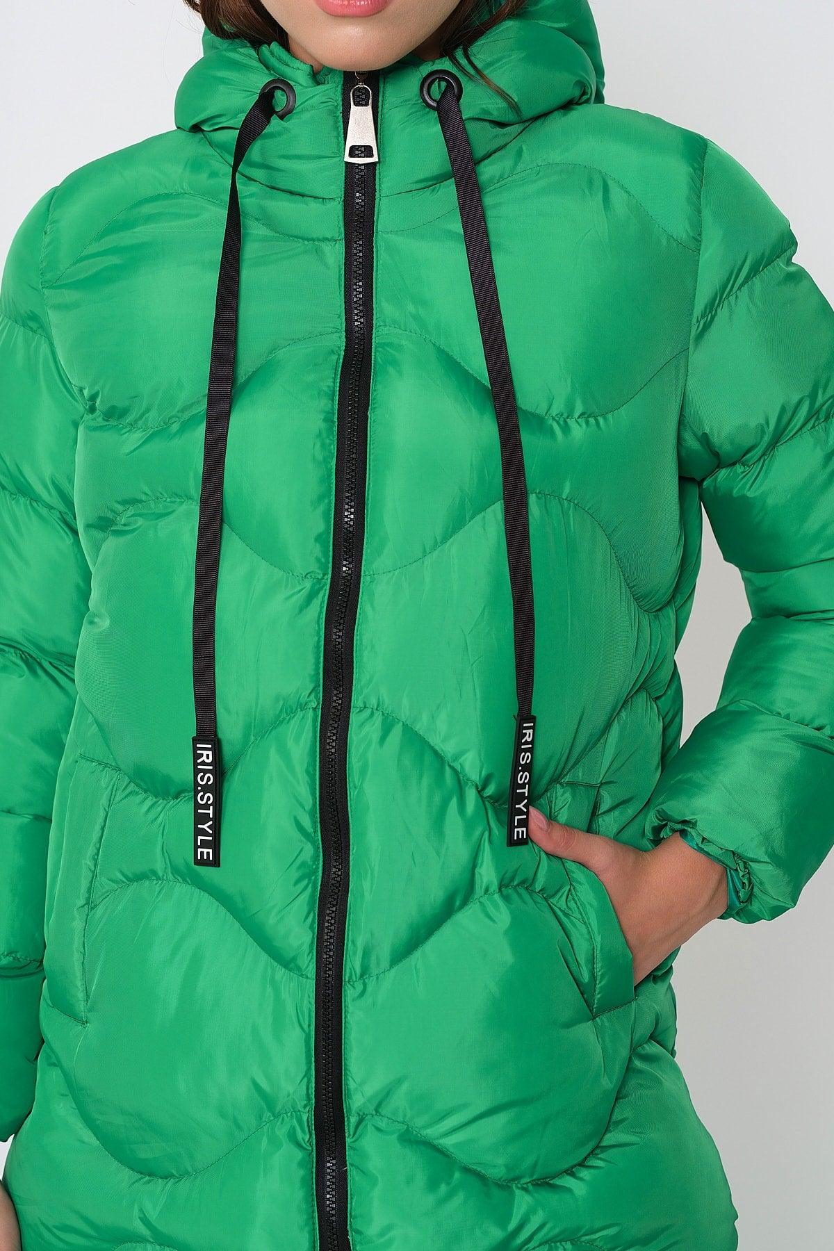 Women's Green Hooded Cord Detailed Down Jacket - Swordslife