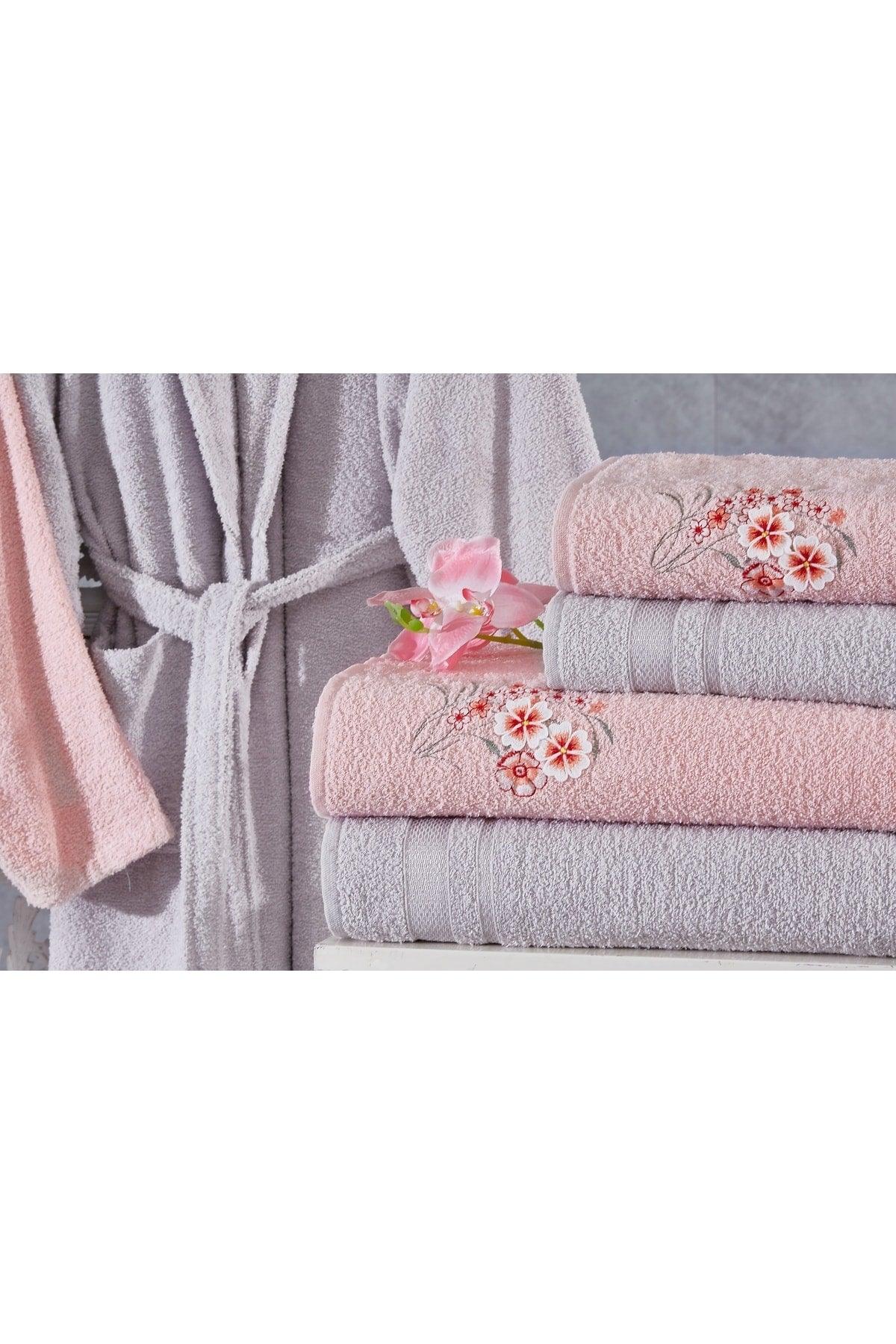 Family Embroidered Pink & Lilac Family Bathrobe Set 6 Pieces Dowry Women Men Bathrobes Bath Towel Set - Swordslife