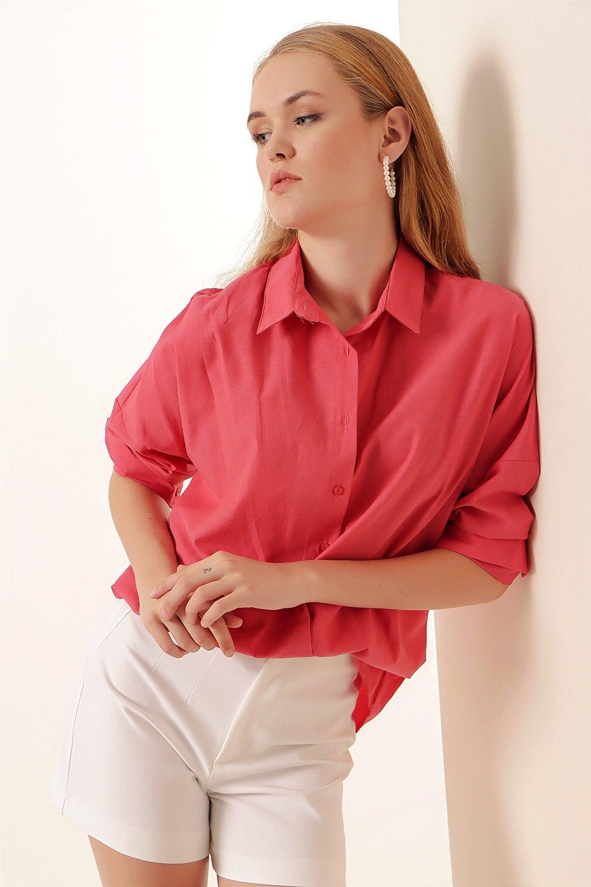 3900 Oversize Long Basic Shirt - Pomegranate - Swordslife