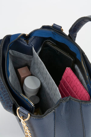 Women'S Navy Blue Croco Handle 2 Compartment Snap Zipper Closure Hand And Shoulder Bag With Strap
