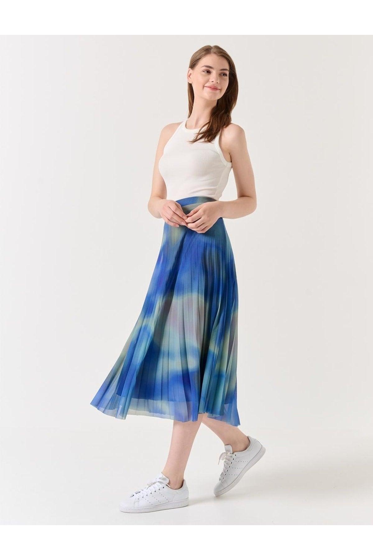 Blue Green High Waist Pleated Patterned Midi Skirt - Swordslife