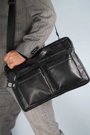 Men'S Black Genuine Leather Large Size Briefcase Laptop Hand And Shoulder Bag