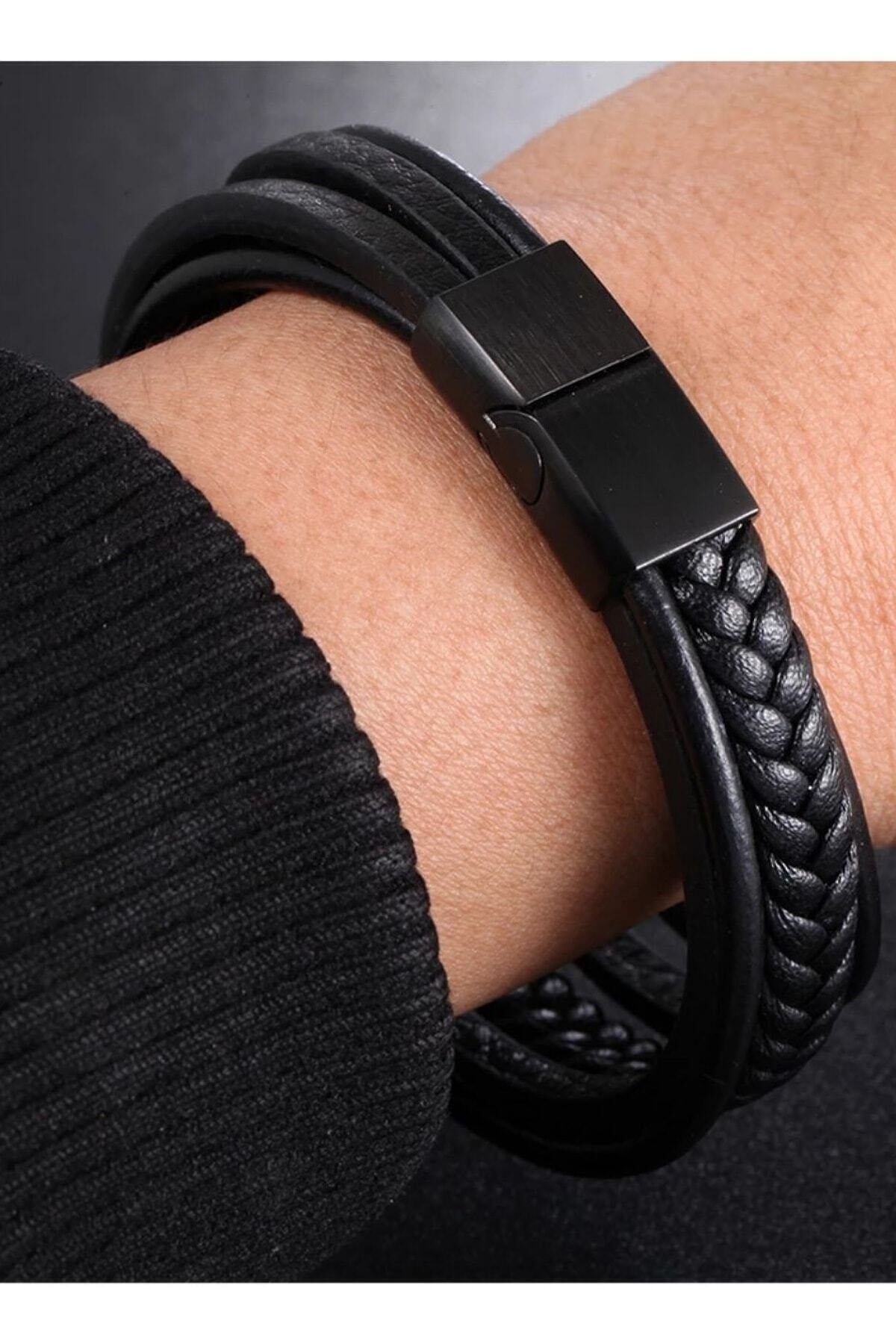 Men'S Genuine Leather Bracelet Black Color Magnetic Clasp Braided Bracelet