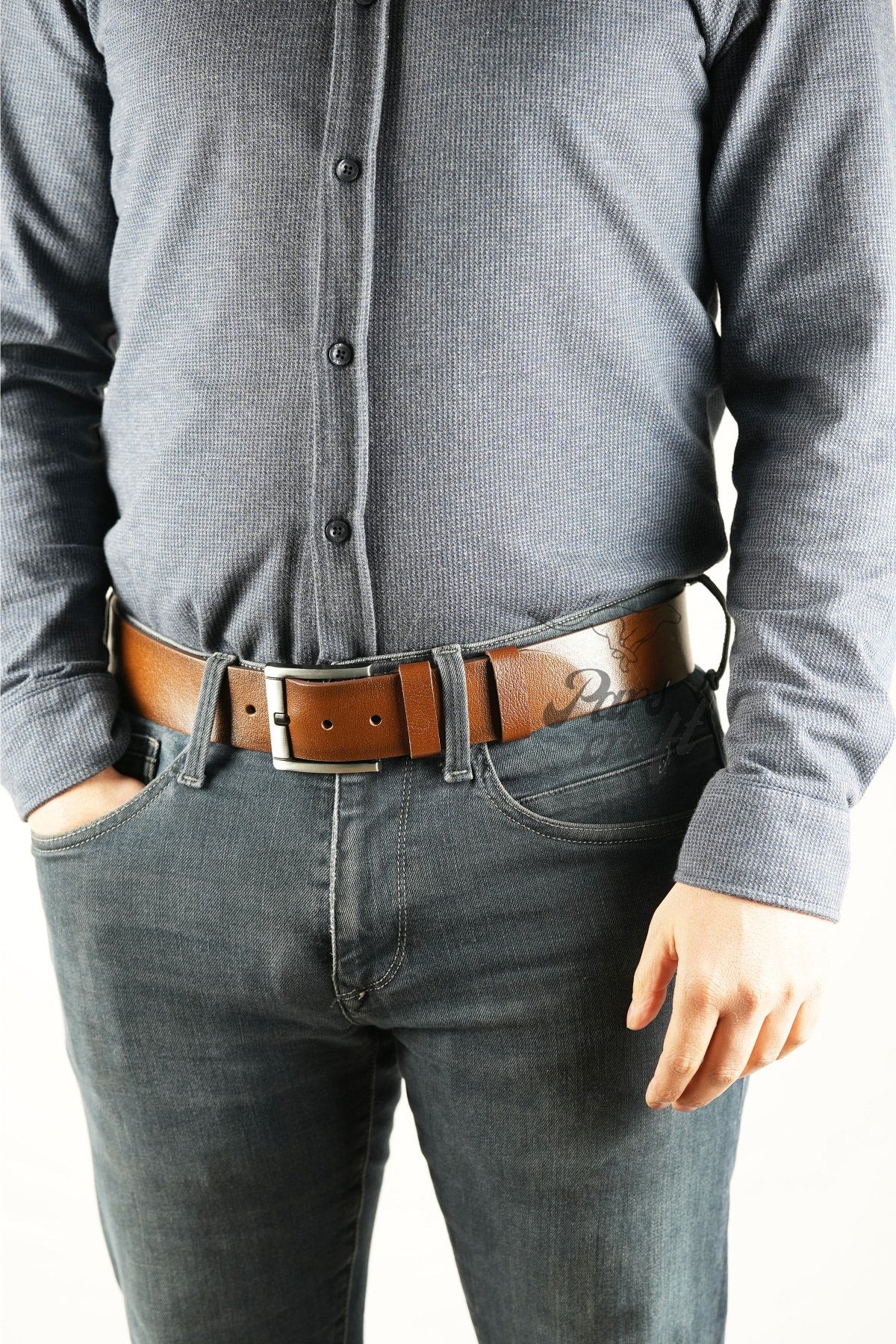 Genuine Buffalo Leather Men'S Belt 4.5 Cm Tan Jeans Sport Belt